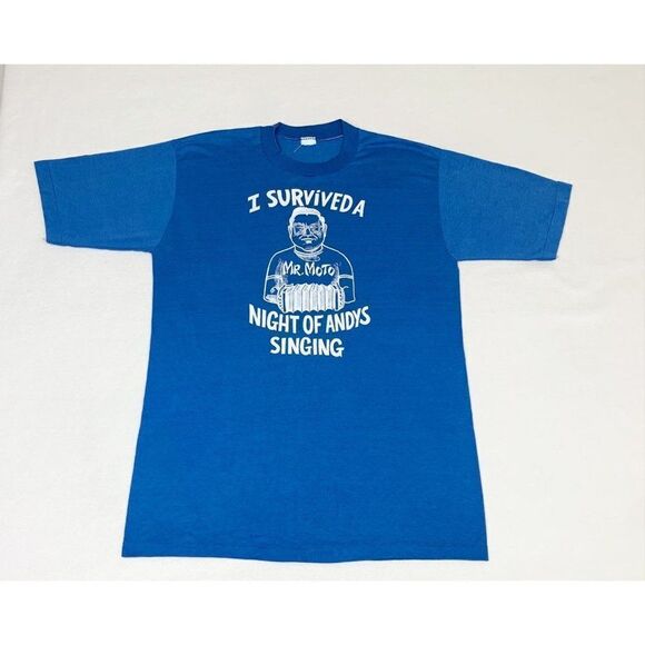 Vintage I Survived a Night of Andy Singing T-shirt Mr Moto Movie Store - Picture 2 of 9